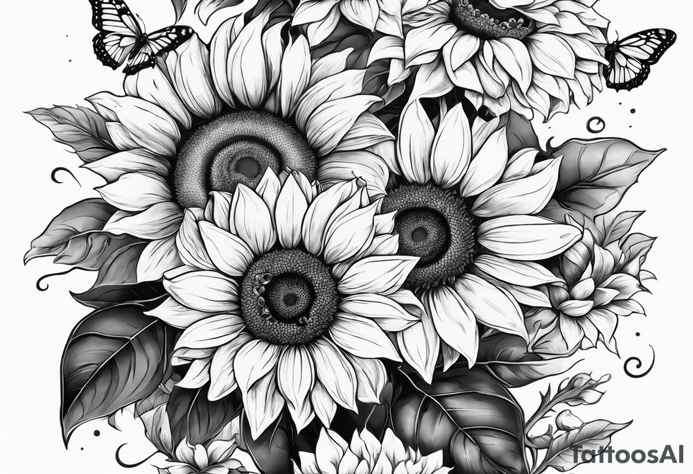Arm sleeve with sunflowers and butterflies tattoo idea