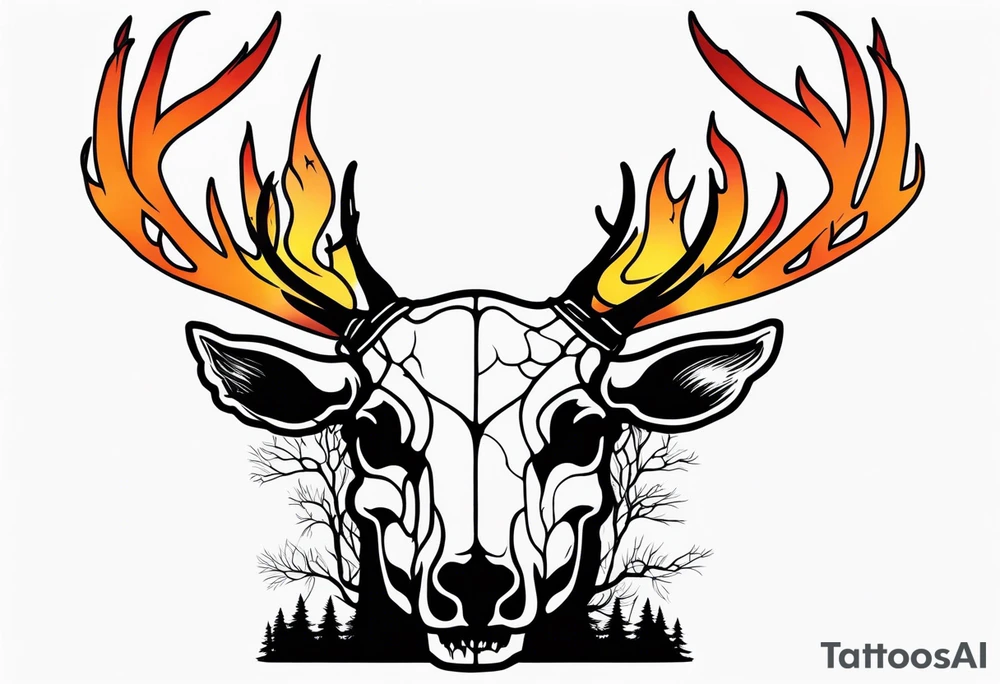 A side profile of decayed deer skull surrounded by trees and fire tattoo idea