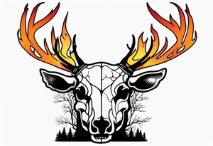 A side profile of decayed deer skull surrounded by trees and fire tattoo idea
