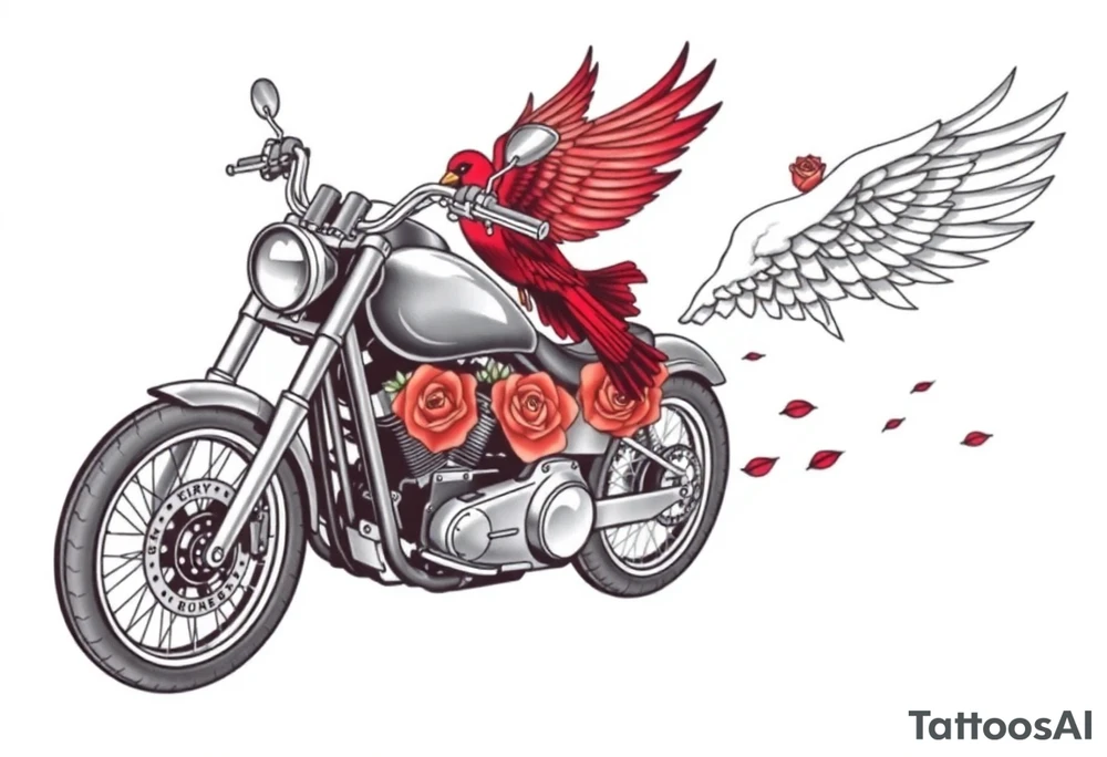 Harley grey motorcycle driving away, two red birds flying, roses, flames, angel wings tattoo idea
