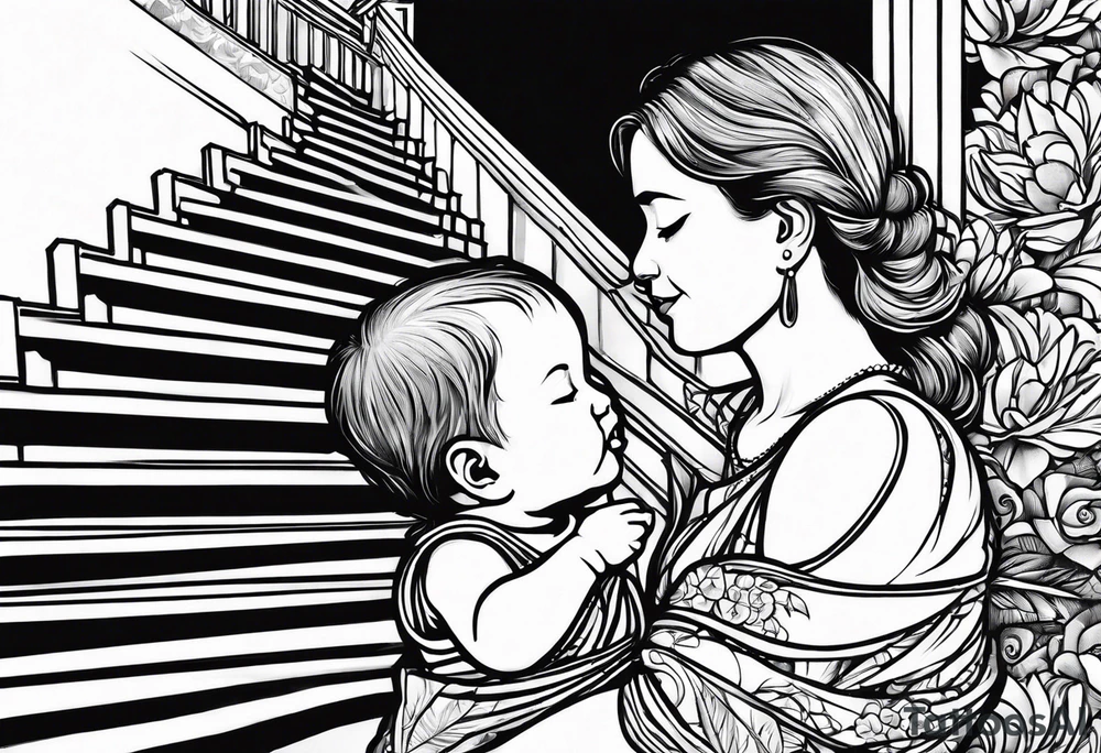 Stairway to heaven shoulder to elbow sleeve with sister holding her baby walking up the stairs and the dates 1999-2022 tattoo idea
