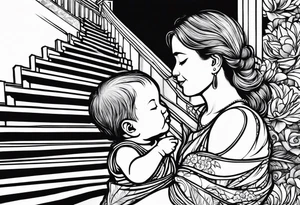 Stairway to heaven shoulder to elbow sleeve with sister holding her baby walking up the stairs and the dates 1999-2022 tattoo idea