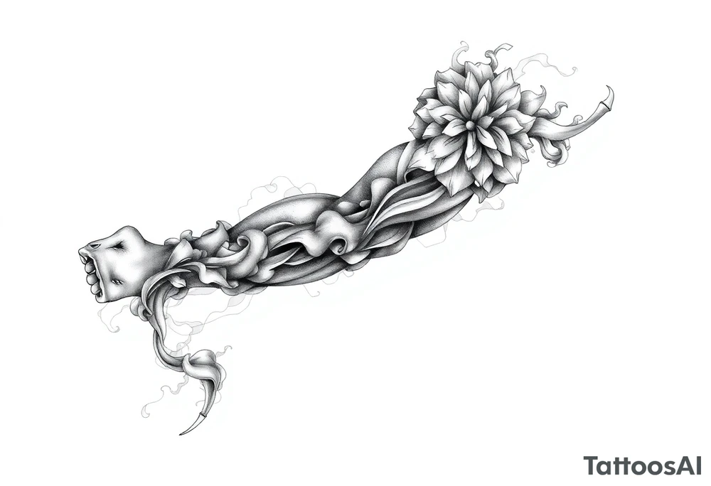 Tattoo sleeve filler using smoke, ash, and fragmented memory effects, organic flow wrapping around arm muscles, soft gradients, negative space, black and grey realism, seamless transitions between main tattoo elements. tattoo idea