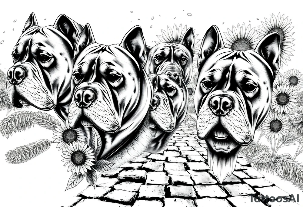 Multiple very thick muscled up pitbulls' portraits fading into the background as filler incorporate sunflowers, an old road made from pavers tattoo idea