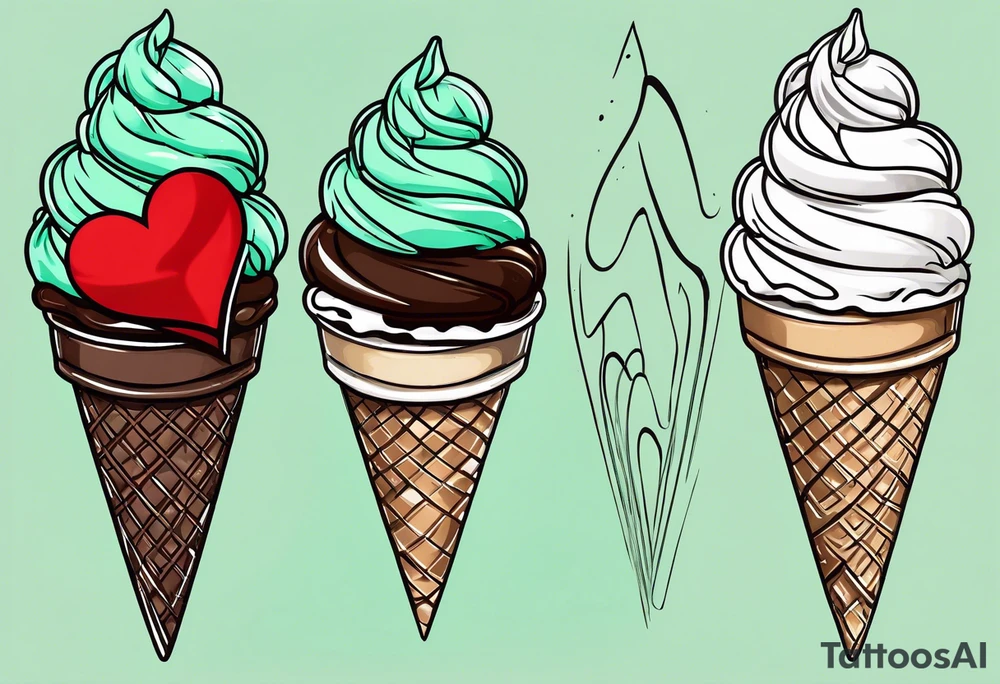 simple mint chocolate chip ice cream cone with small red heart on it somewhere. tattoo idea