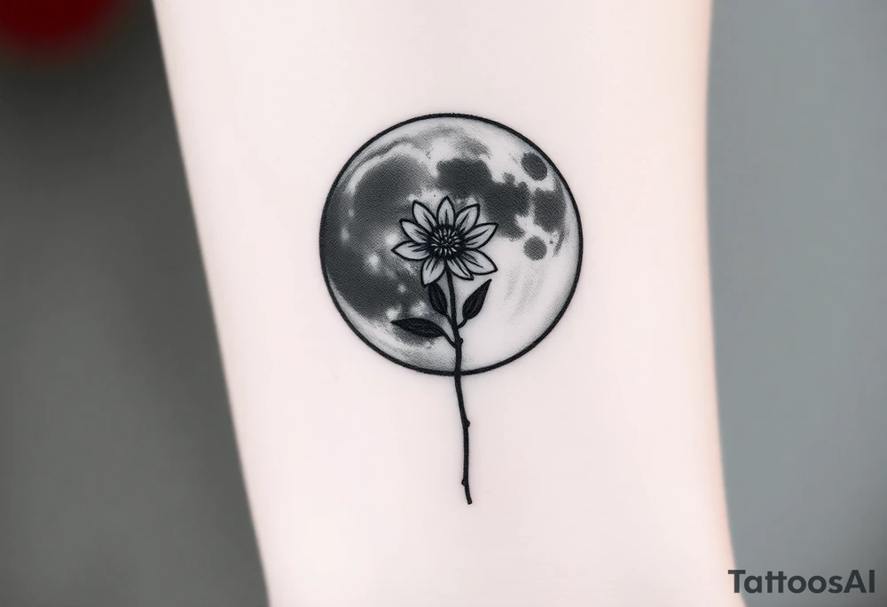 Small black and white tattoo full moon with small chrysanthemum birth flower AND tiny scorpio gliph inside moon tattoo idea