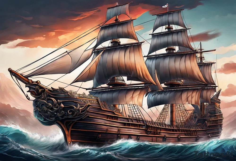 huge dark wooden ship facing left tattoo idea