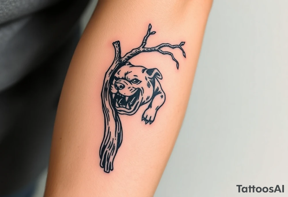 bulldog biting branch hanging from tree medieval woodcut tattoo idea