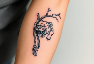 bulldog biting branch hanging from tree medieval woodcut tattoo idea