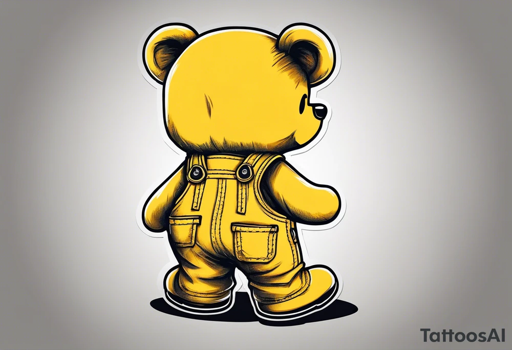 the back of a teddy bear standing in yellow overalls and boots tattoo idea