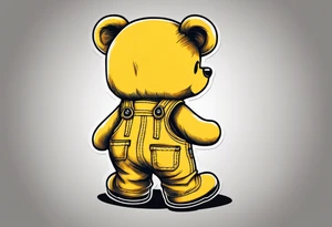 the back of a teddy bear standing in yellow overalls and boots tattoo idea
