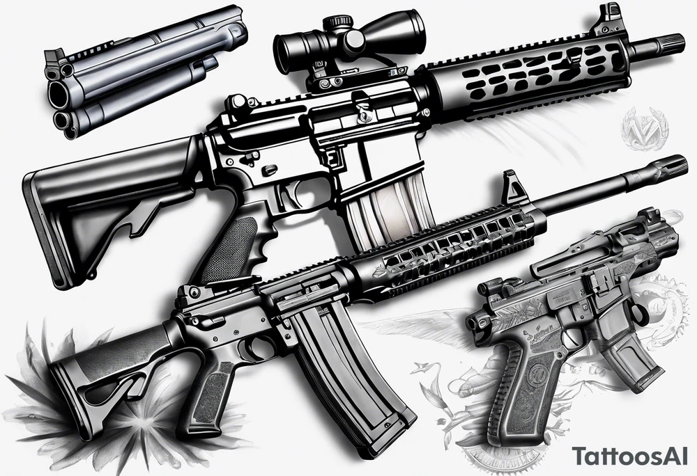 A military tattoo that includes an M4 Carbine rifle, a Beretta M9 pistol designed for the forearm tattoo idea