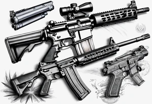 A military tattoo that includes an M4 Carbine rifle, a Beretta M9 pistol designed for the forearm tattoo idea