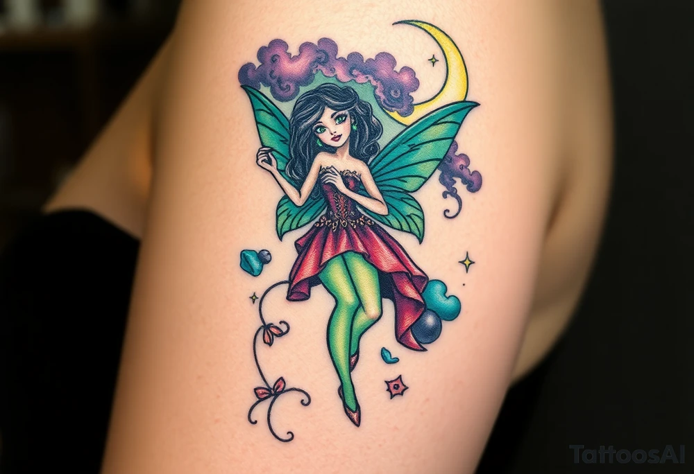 Tim Burton’s kelly doty pin up style Vintage Parisian elegant and hauntingly beautiful yet eerie full body absinthe Green Fairy dances outside her victorian crystal decatur she was once inside this elaborate ornate bottle absinthe bottle Absinthe Art Nouveau   and dripping with muted reds, dusty pinks, and eerie green glow.purple and cyan smokey clouds swirl in the crescent moonlit sky thats sprinkled with stars tattoo idea