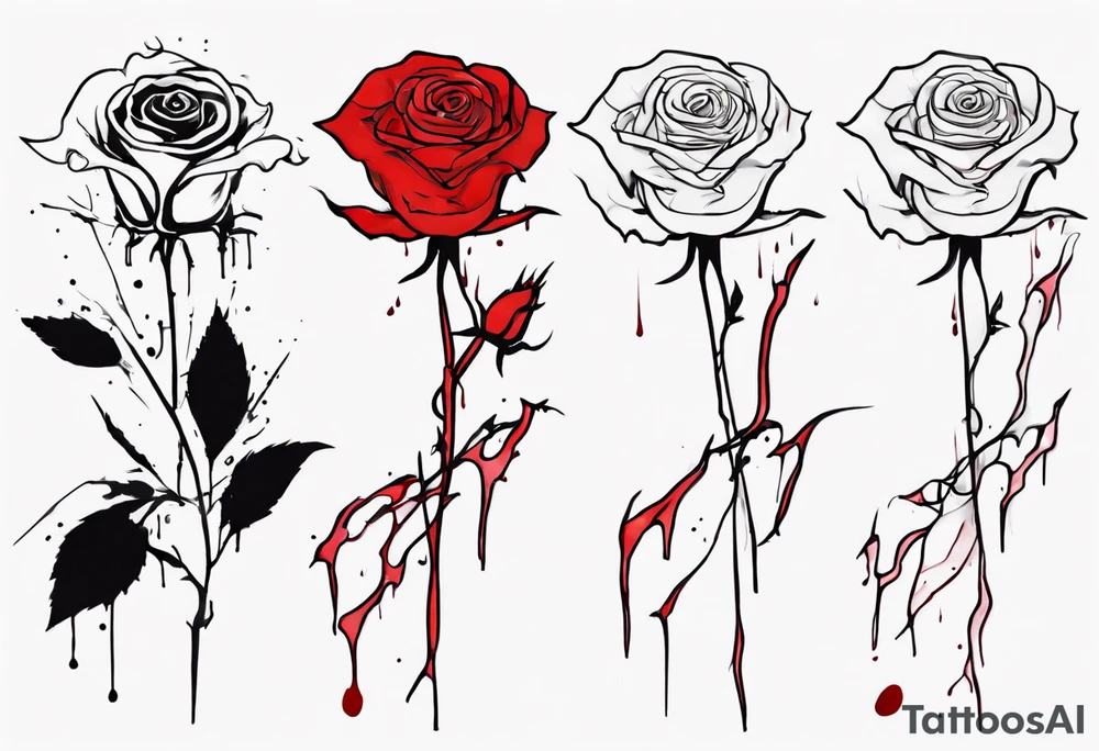 rose flower, one line, red blood dripping from the flower, tall, watercolor, with a T placed in the bottom half tattoo idea