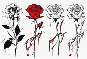 rose flower, one line, red blood dripping from the flower, tall, watercolor, with a T placed in the bottom half tattoo idea