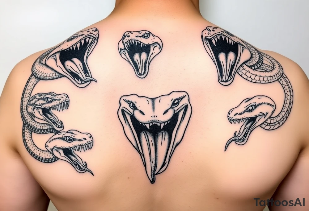 All different kind of venomous snakes with teeth and tongues out tattoo idea