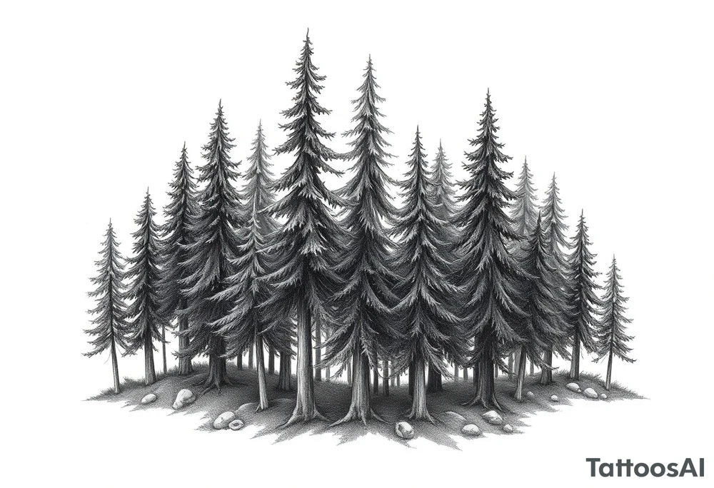 Needle forest with black and gray trees tattoo idea