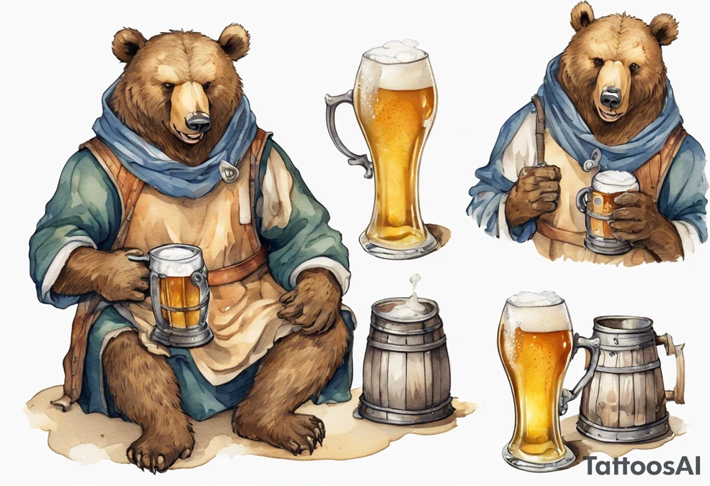 a medieval bear-human wearing a tunic and drinking from a pewter mug of beer in a tavern, laughing tattoo idea