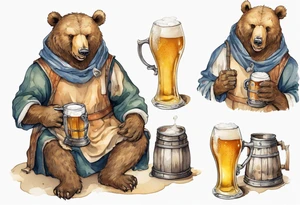 a medieval bear-human wearing a tunic and drinking from a pewter mug of beer in a tavern, laughing tattoo idea