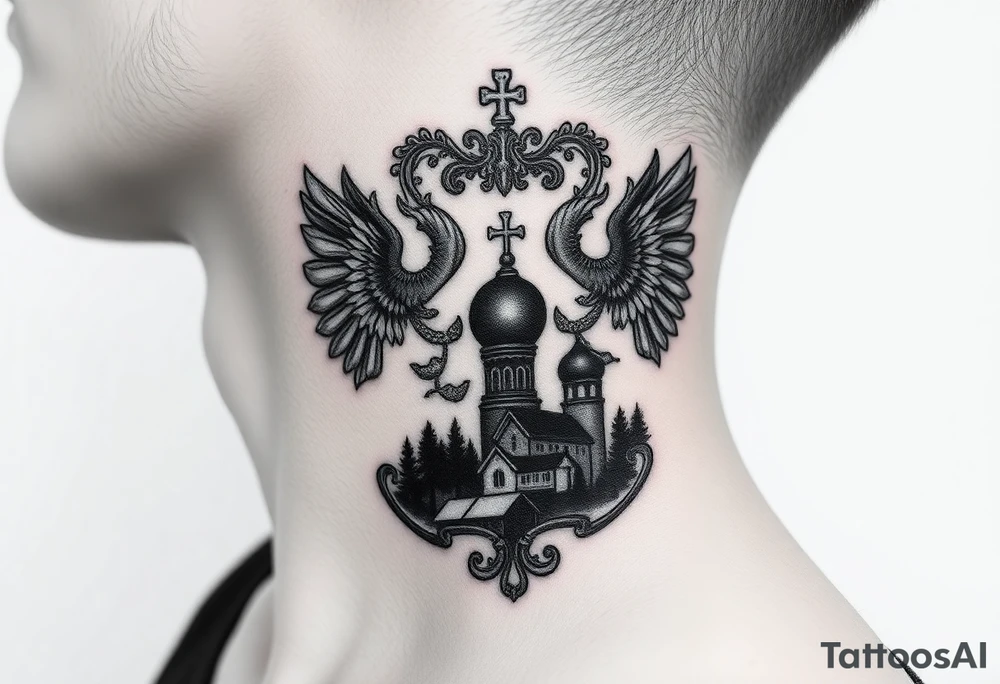 Traditional authentic Russian coat of arms with a Christian orthodox virgin marry in the middle and silhouette in a Russian wilderness Christian orthodoxy dome church village setting on the side of my neck tattoo idea