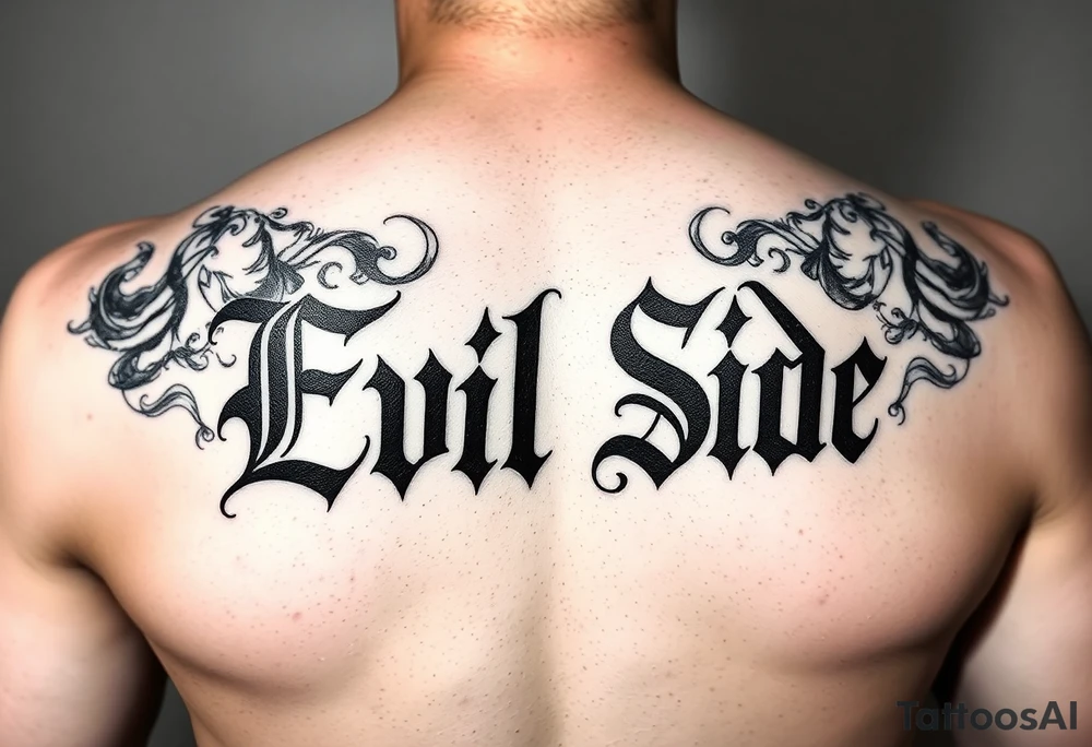powerful bold cover up saying Evil Side black and with shading and smoke around it gangsta writing old english tattoo idea