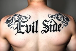 powerful bold cover up saying Evil Side black and with shading and smoke around it gangsta writing old english tattoo idea