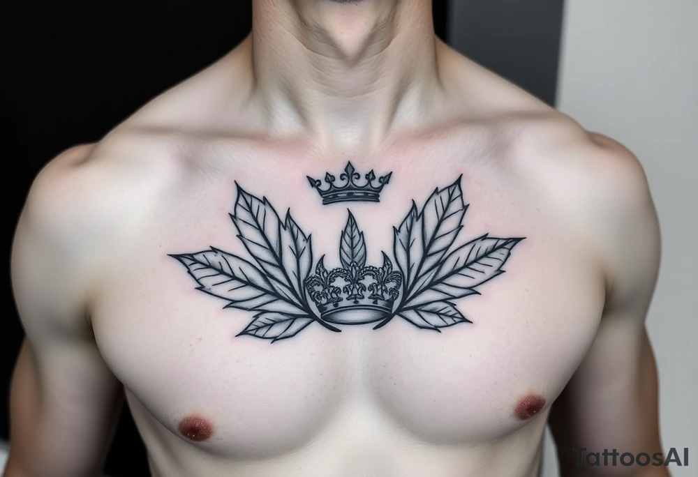 Chest tattoo, two bay leaf and crown between tattoo idea