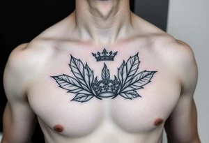 Chest tattoo, two bay leaf and crown between tattoo idea