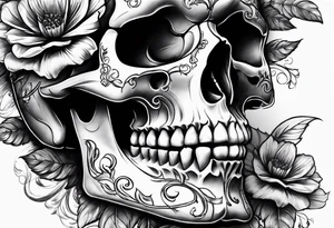 Draw me a skull with smoke out of his mouth add some flowers underneath with some ornamentals and Chains under it tattoo idea