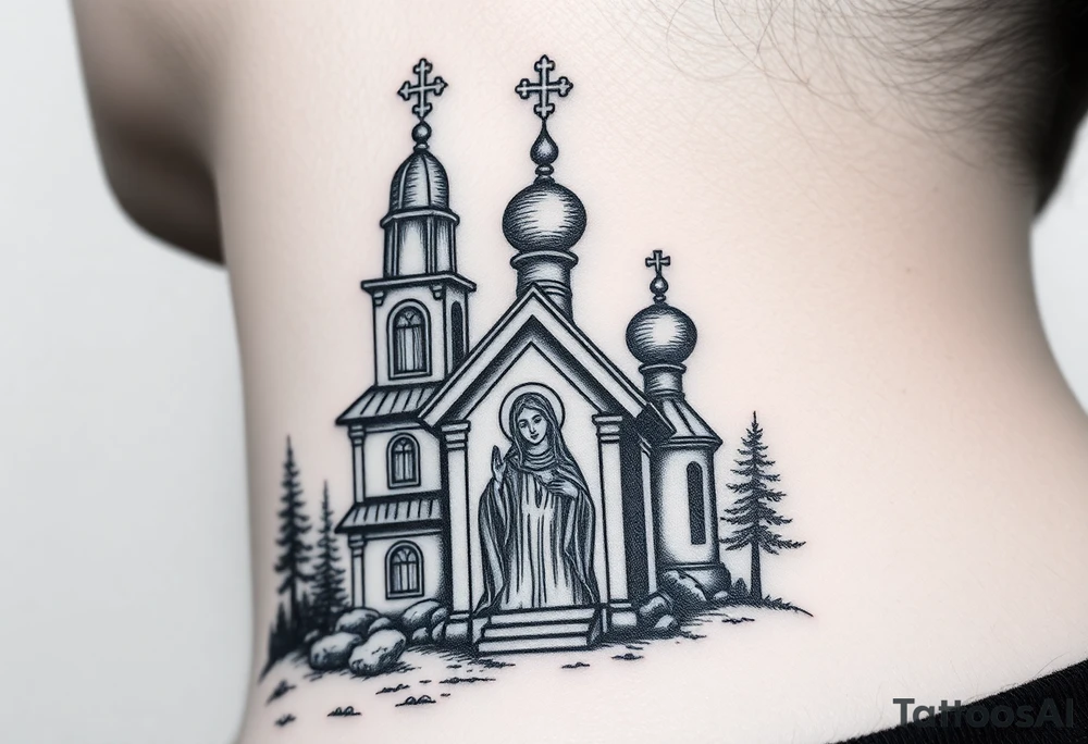 Traditional russian orthodox church in a wilderness setting with a prominent orthodox style virgin mary tattoo idea