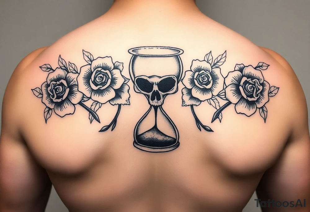 An hourglass with a skull at the bottom that the sand is pouring into. Include matching florals on each shoulder tattoo idea