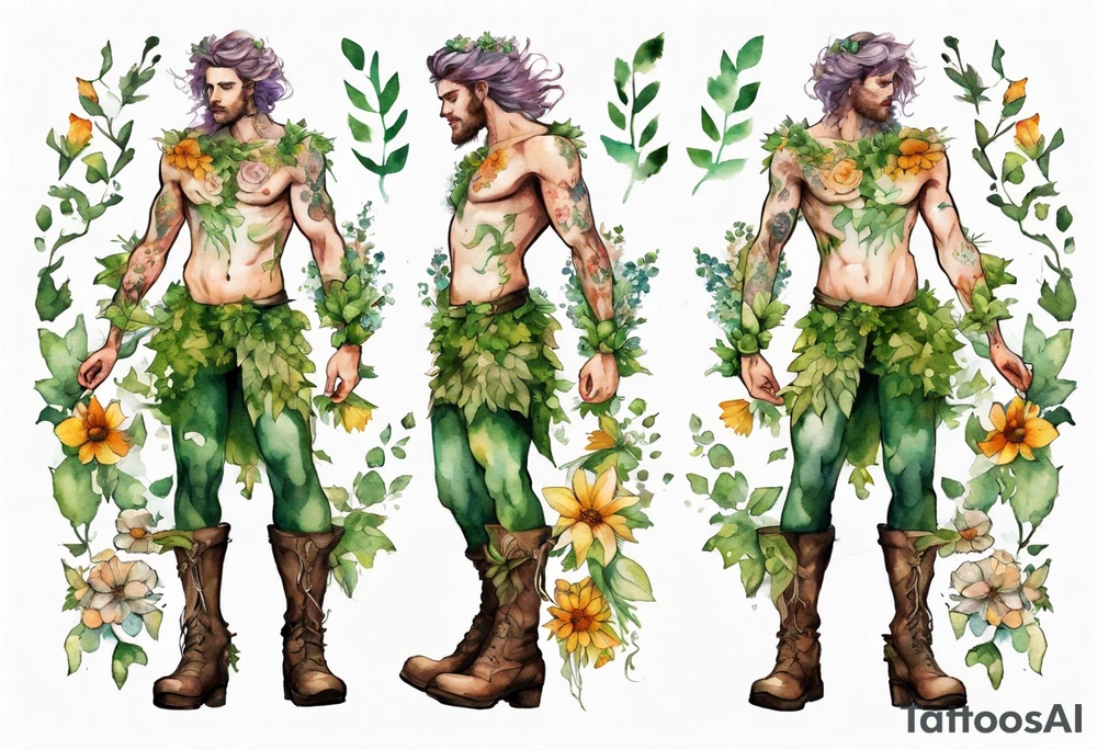 a male dryad covered in flowers wearing a leafy skirt and boots tattoo idea