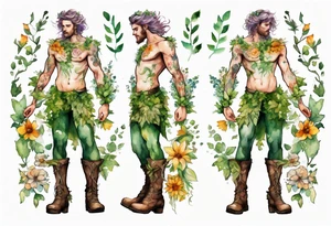 a male dryad covered in flowers wearing a leafy skirt and boots tattoo idea