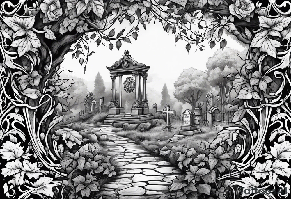 Leafy vines with grave yard tattoo idea