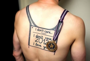 Running bib with 2012 and “I don’t care, I love it” with purple and gold and safety pins going through my skin. Running medal draped in with it tattoo idea