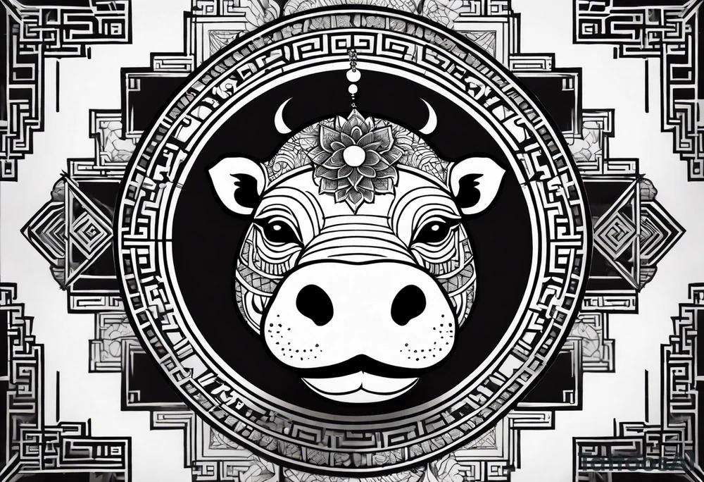 Very asymmetrical, +geometric pattern, with realistic full moon, with serious looking hippo, +zen feel, + Buddhism touch, +tribal, +geometric, +chinese inkart 
with wintersweet flower bud, +portrait orientation, +inkart touch, tattoo idea