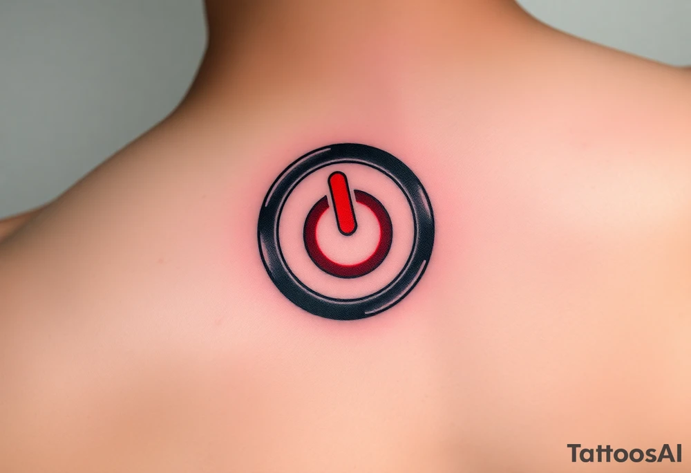 "Hyperrealistic tattoo of a PC power button (1:1 size).  
Label: 'Press to reboot universe'.  
Style: Fake 3D, like actual button on skin. Black/red." tattoo idea