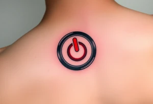 "Hyperrealistic tattoo of a PC power button (1:1 size).  
Label: 'Press to reboot universe'.  
Style: Fake 3D, like actual button on skin. Black/red." tattoo idea