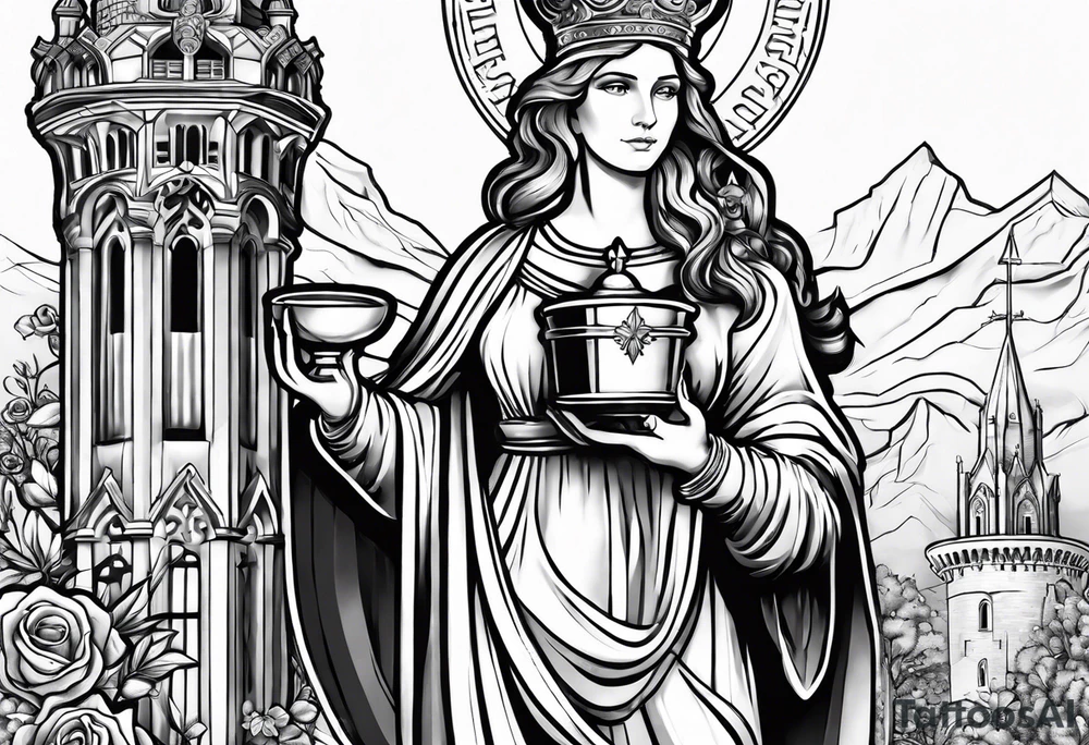 Saint Barbara holding a chalice with a tower beside her tattoo idea
