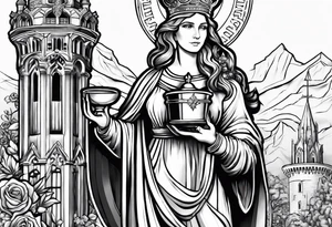 Saint Barbara holding a chalice with a tower beside her tattoo idea