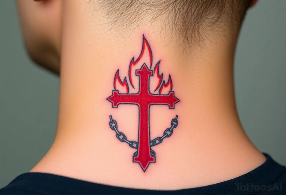 A red Maltese cross engulfed in flames, with iron chains wrapped around it, symbolizing resilience and unbreakable faith tattoo idea