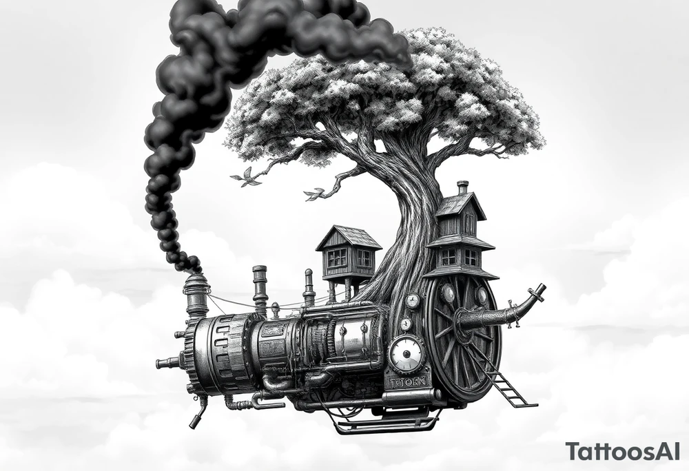 tree growing out of a v shaped engine with lots of pipes, guages and steam around the engine 
 with a smoke stack coming out of the top 
 billowing black smoke as if the tree and engine were a flying machine flying through the air 
 with an extreme steam punk vibe alot more steam punk 
it should look somewhat like a hot air baloon where the tree is the balloon and the machine is the basket but they are together as one unit, and the sky should have clouds in the back ground as if it were chugging along flying through the sky and needs to look extremely steam punk
the smoke stack should be coming out of the tree and the smoke should be trailing behind the machine 
the tree is the actual smoke stack for the machine 
the smoke stack should be a branch pointing up and out with smoke billowing out of it 
and the motor should be a motor that is kind of shaped like the letter V
and there should be a little tree house built in the tree with steam punk looking windows and some stairs down to a platform on the top of the engine tattoo idea