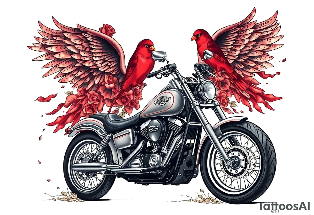 Harley grey motorcycle driving away, two red birds flying, roses, flames, angel wings tattoo idea