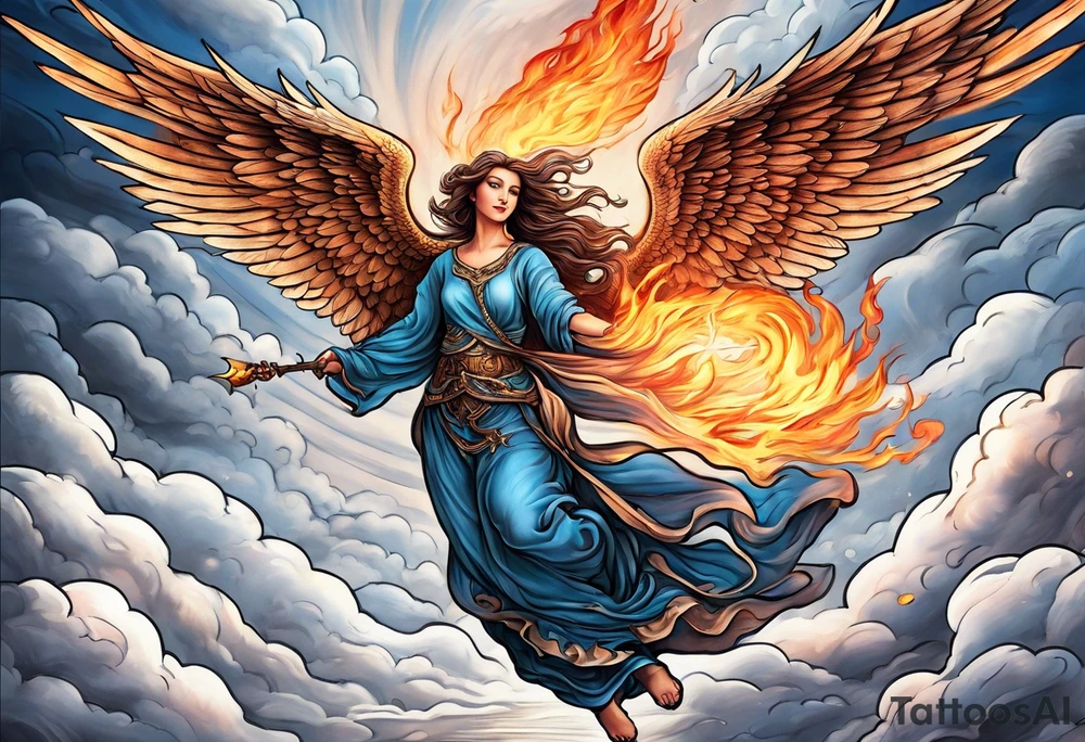 Angel flying over a fire with a man bellow tattoo idea