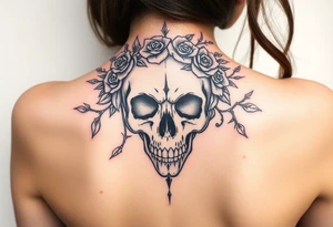 ornate skull adorned with crown of wild roses and thorns tattoo idea