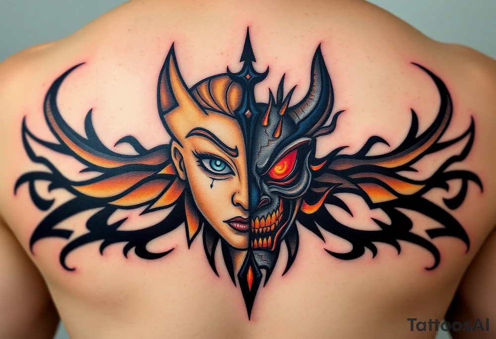 A half angelic face, bathed in golden light with soft blue eyes, contrasted by the other half demonic face, with red, glowing eyes and cracked blackened skin, surrounded by smoky tendrils of darkness. The dividing line is sharply defined with soft light on one side and sharp shadows on the other. tattoo idea