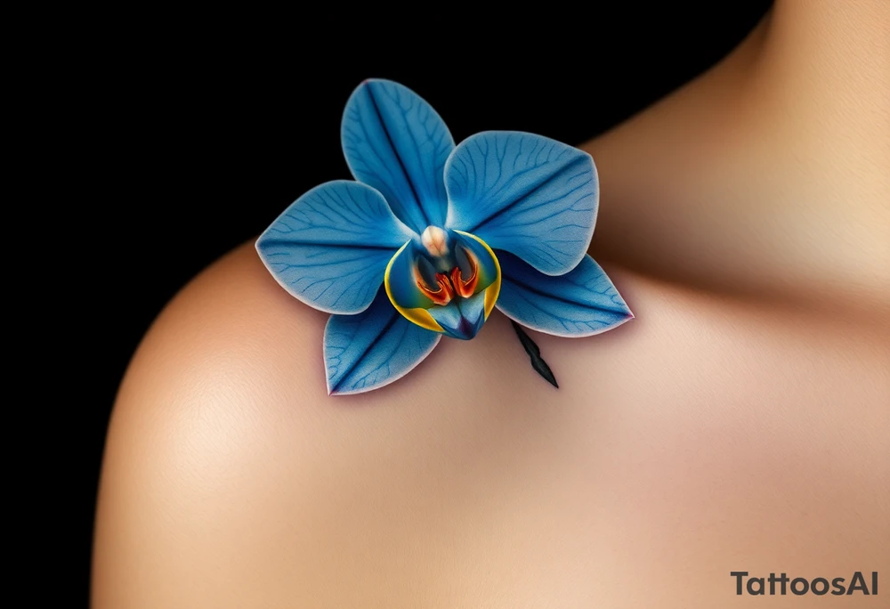 A detailed blue orchid with intricate petal veins, glowing softly against a dark background, evoking mystery and rarity tattoo idea