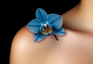 A detailed blue orchid with intricate petal veins, glowing softly against a dark background, evoking mystery and rarity tattoo idea