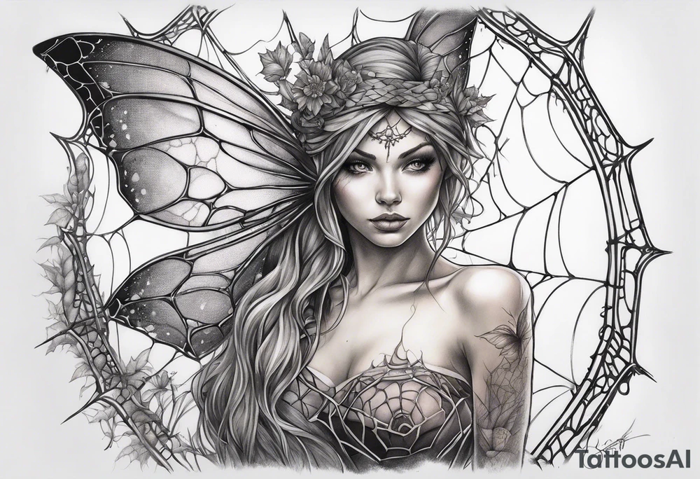 Fairy with bottom half of body wrapped up by spider web tattoo idea